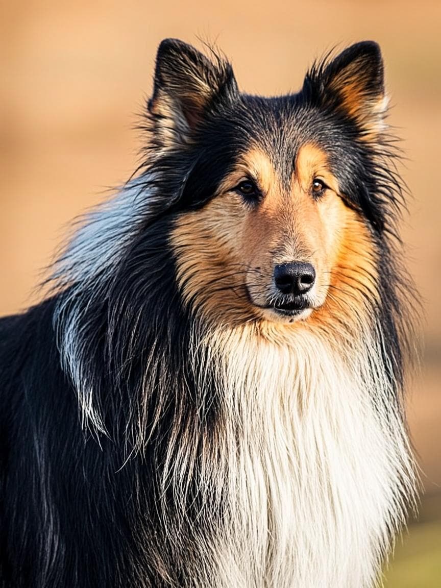 An adult Biewer Terrier with a flowing tri-colour coat