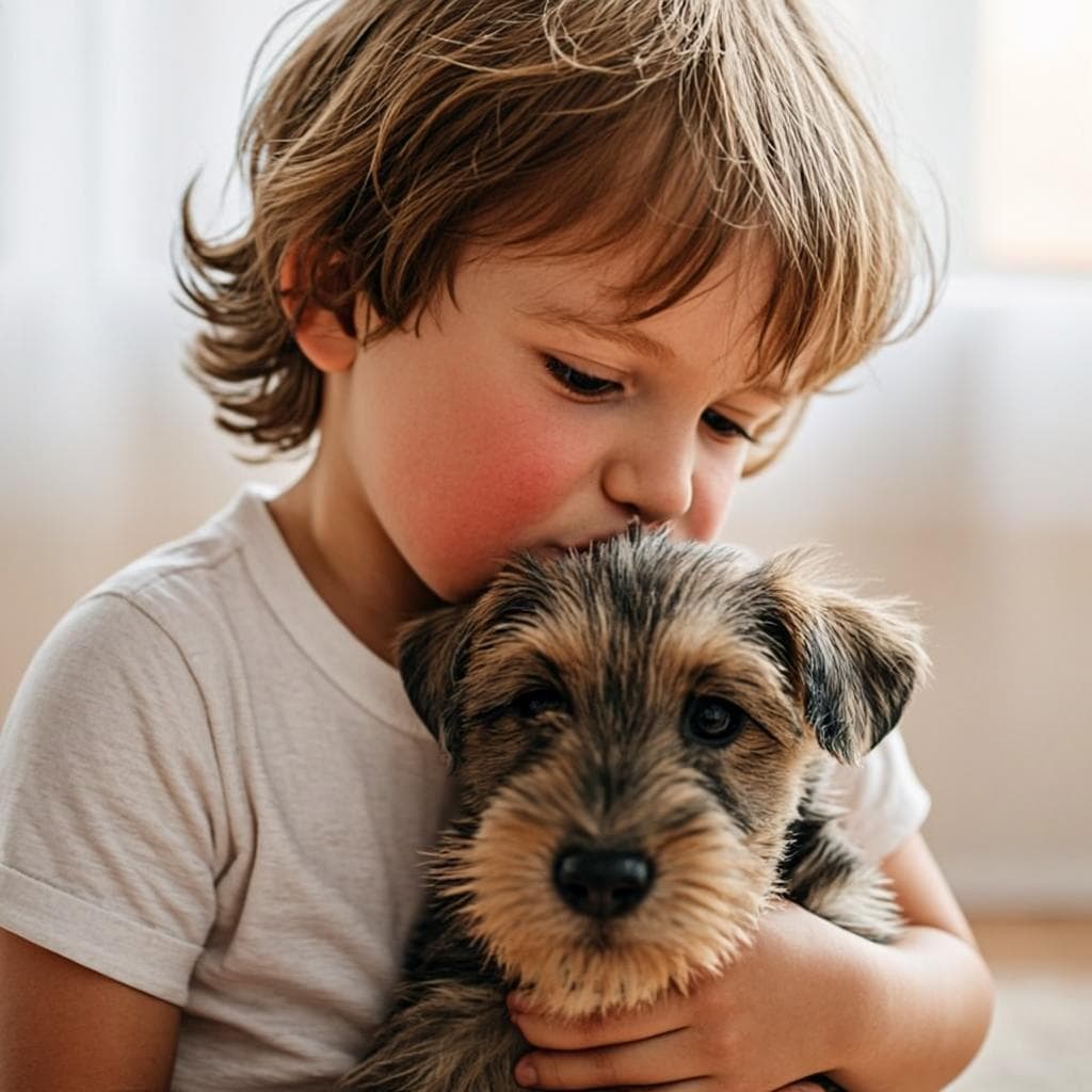 A child cuddling a Biewer Terrier puppy, illustrating the warmth of an IRMADU family moment