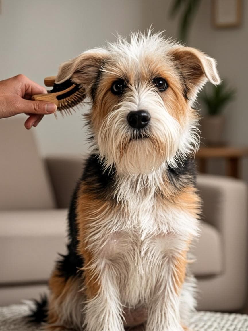 A Biewer Terrier being gently brushed and groomed